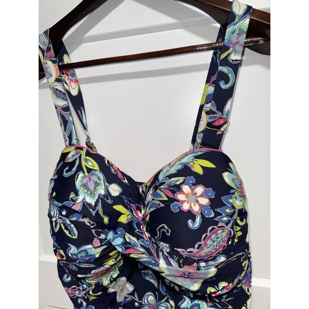 Anne Cole Twist Front 22W Bandeau Removable Straps 1PC Swimsuit Paisley Slimming